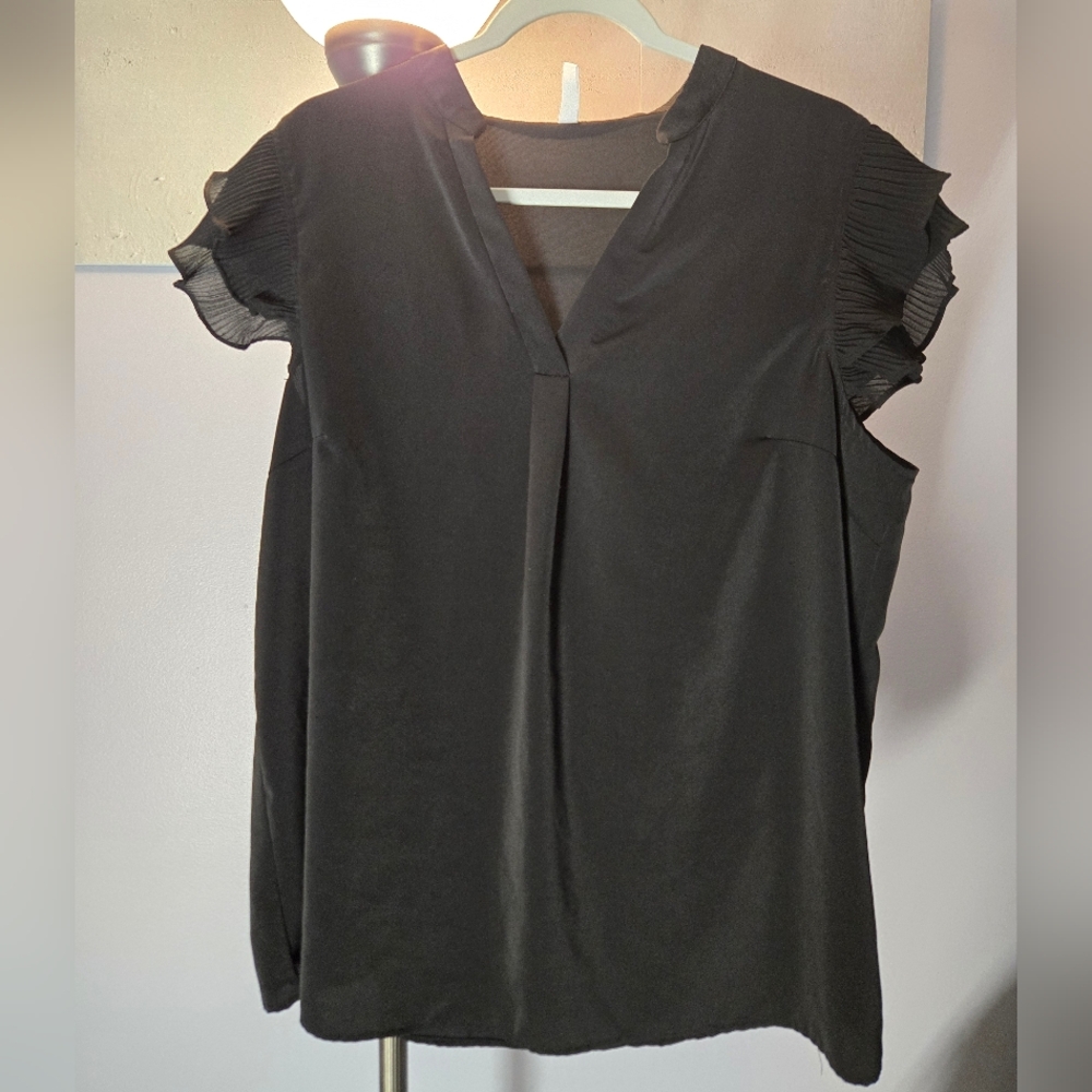 Black Ruffled Flutter Sleeve Blouse with Mandarin Collar